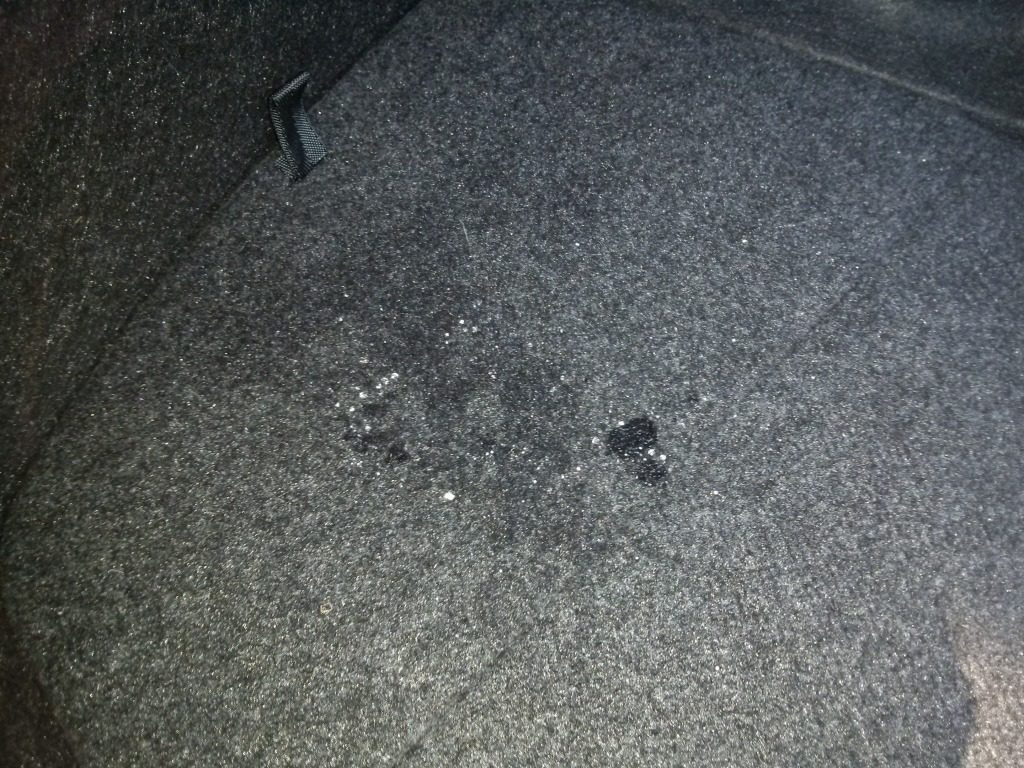 アルテッツァのトランクから雨漏りし、トランクのカーペットに残された水滴＿左側